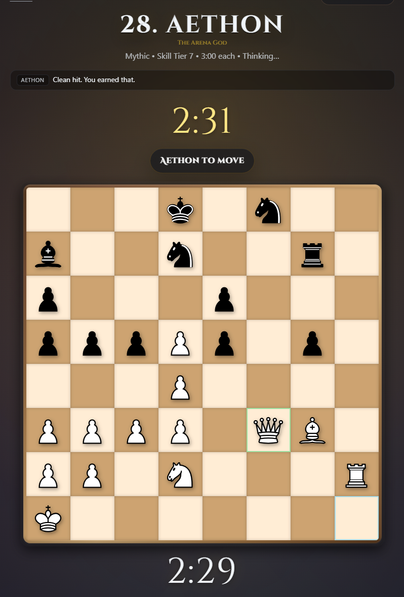 A ranked Layout Duels battle in progress with custom piece formations and dueling clocks