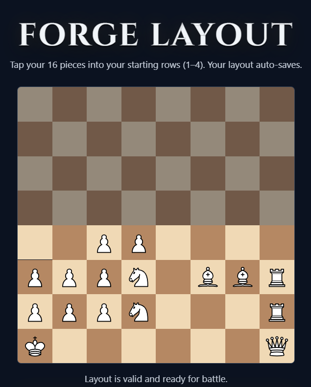 The Layout Duels formation editor where players place their sixteen pieces on ranks one through four